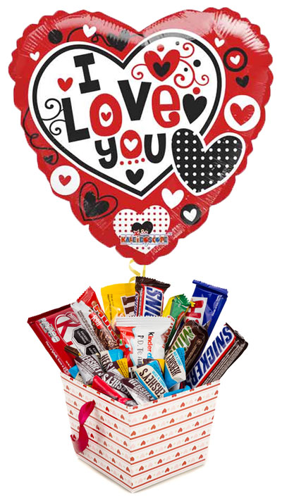 Assorted chocolates in box with I Love You balloon