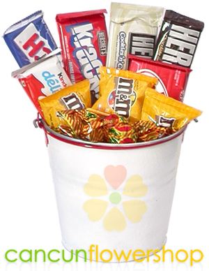 Assortment of chocolates in a metal bucket