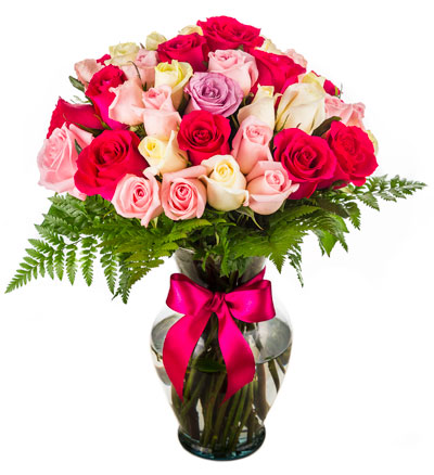 48 color roses in a glass vase