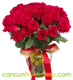 48 Red roses in a glass vase