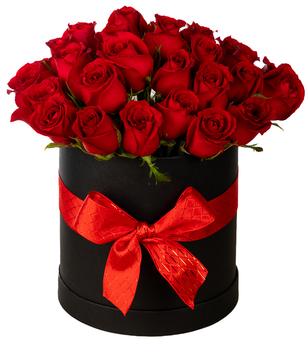 Arrangement with approximately 30 red roses in black round box