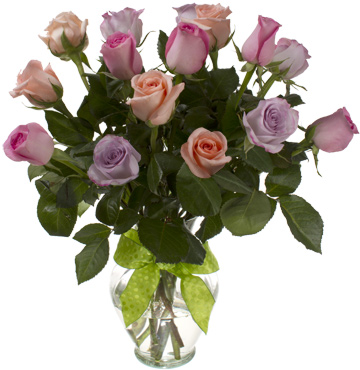 12 color roses in glass vase