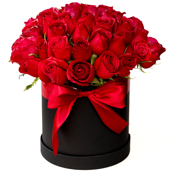 50 red roses in round box for Valentine's Day