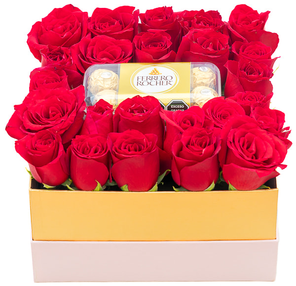 Red roses and Ferrero Rocher chocolates in square box