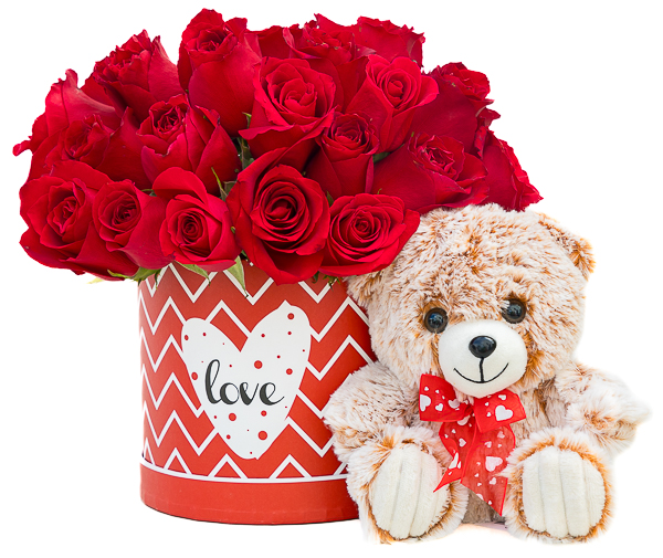 Red roses in round Love box with teddy bear